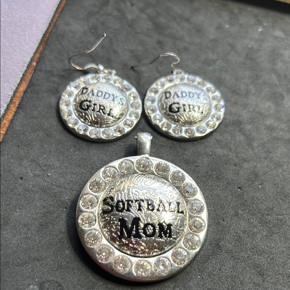 Silver Rhinestone Softball Mom Jewelry Set
